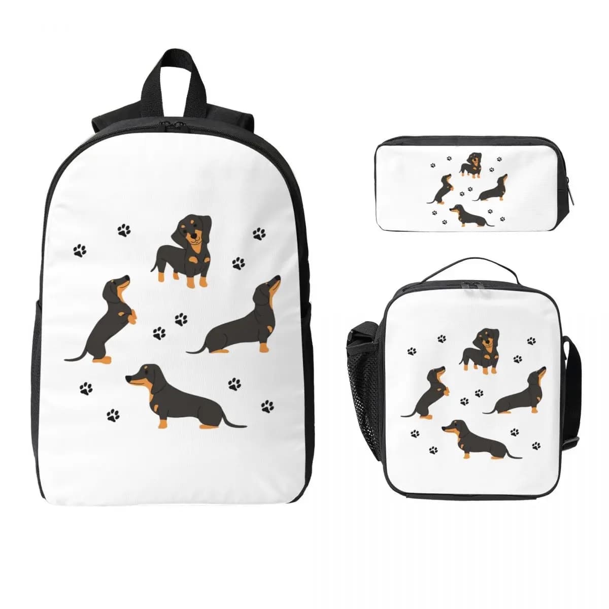 Zaino con motivo cane Bassotto e zampe di cane, borsa per libri per studenti, borsa per la scuola, borse a tracolla per laptop, set da 3 pezzi: borsa termica per il pranzo e astuccio.