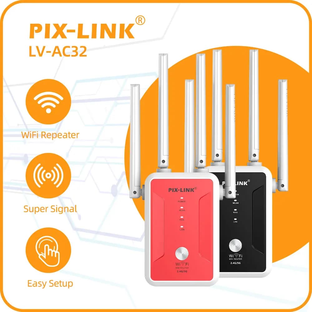 PIX-LINK Ripetitore WiFi AC1200 Router 1200Mbps Dual Band 5GHz/2.4GHz Amplificatore di Segnale con 4 Antenne, Estensore WiFi per Casa