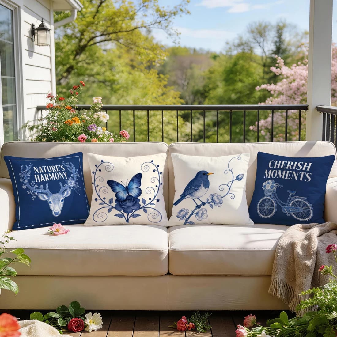 4 Pezzi Fodere per Cuscini Bluebird'S Perch Stampate su un Lato 40/45/50CM, Federe Decorative per Divano, Arredamento Casa e Stanza