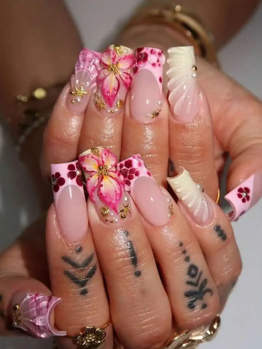 24pcs 3D Floral Crystal Gradient Wavy Nail Art Decals Full Coverage For Women