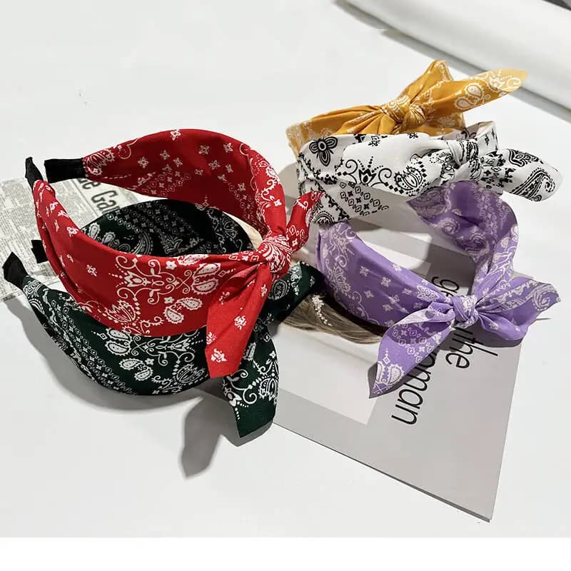 Fasce per capelli con stampa Boho Bow per donna Fasce per capelli a tesa larga Cerchietto per capelli elegante vintage Copricapo con nodo incrociato Accessori per capelli per ragazze
