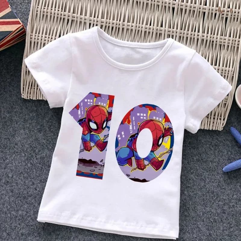 T-shirt per bambini Spider Man con numeri di compleanno da 1 a 10, T-shirt Marvel, T-shirt per bambini, abbigliamento casual carino, T-shirt da supereroe