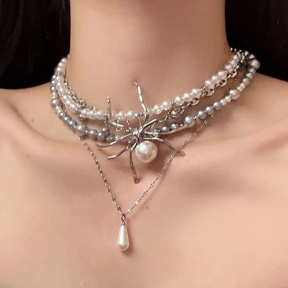 Spider Alloy Plastic Imitation Pearl Pendant Multi Layered Necklaces for Women White Platinum 13.78 inch(35cm)
