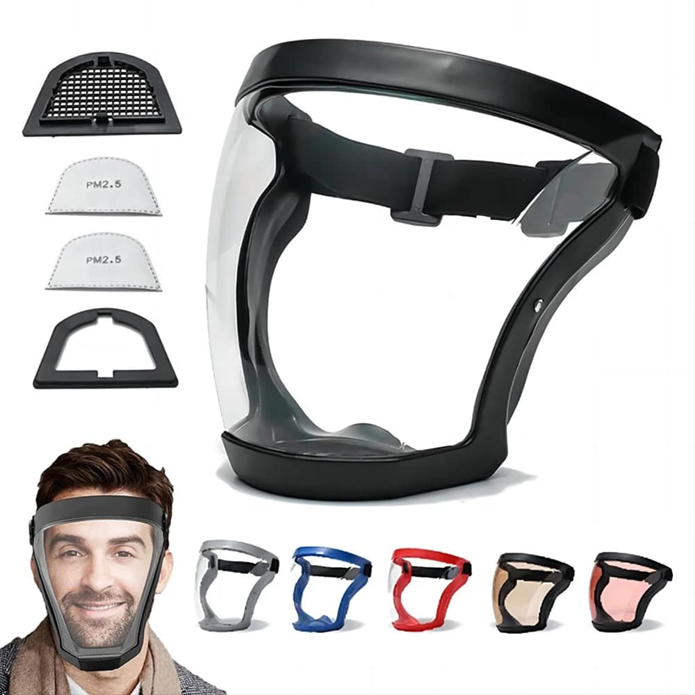 Maschera protettiva trasparente integrale copertura antipolvere antiappannamento maschera facciale riutilizzabile a prova di schizzi d'olio da cucina con filtri