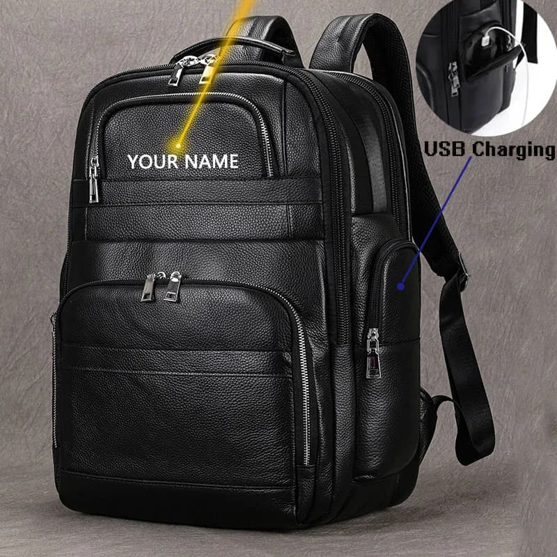 Luufan zaino da uomo con ricarica USB zaino da viaggio in vera pelle di mucca impermeabile da 16 pollici zaino da viaggio per Laptop grande zaino da viaggio maschile nero
