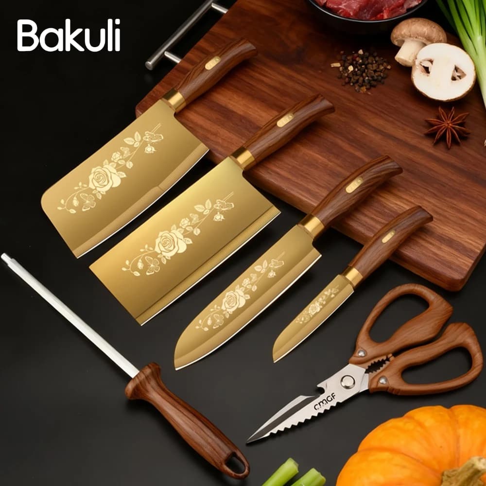 Coltello da cucina in titanio oro Mannaia per carne per uso domestico in acciaio inossidabile Coltello da frutta e forbici per affilare Utensili da cucina
