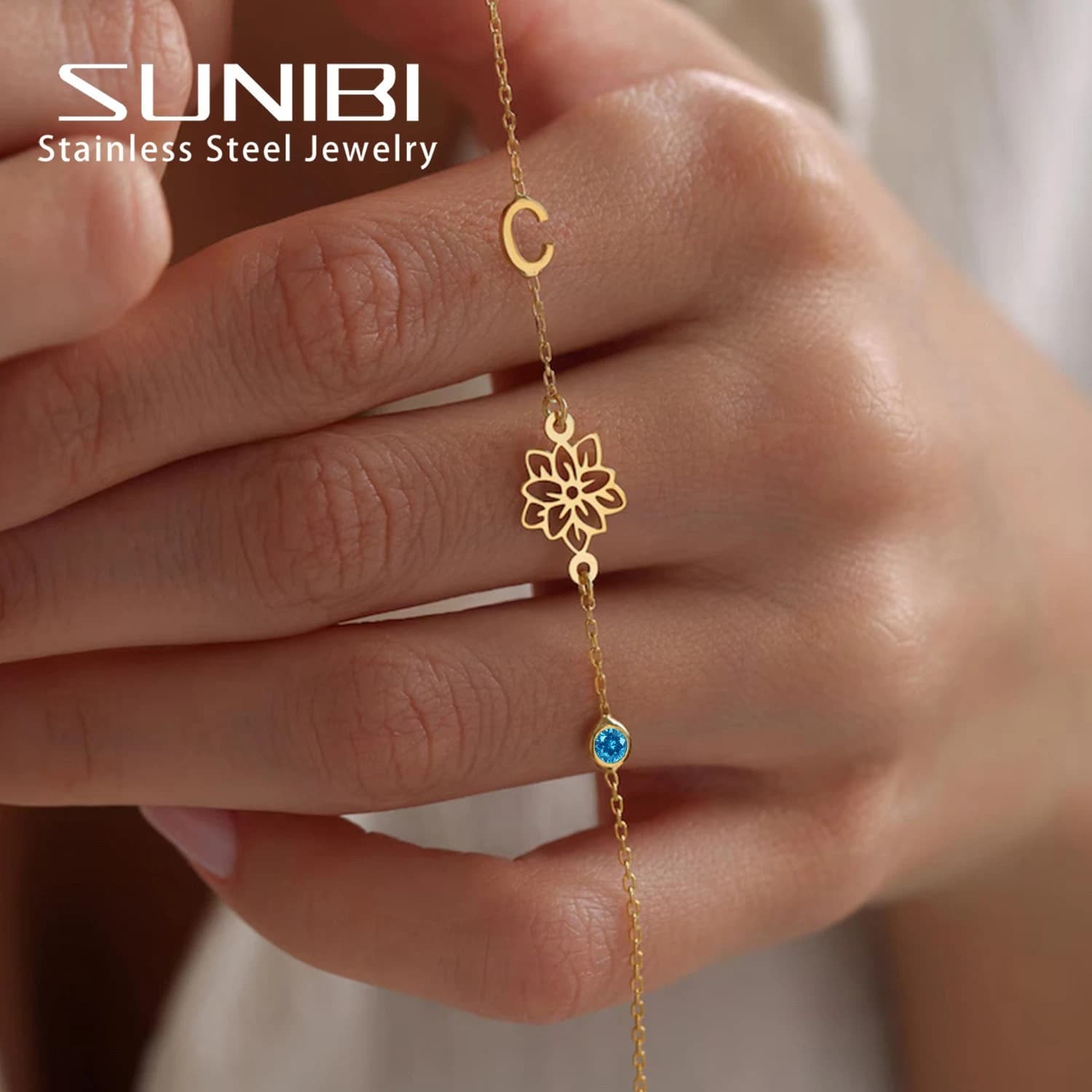 SUNIBI December Flower Charm Bracelets Birthstone Pendant Bracelet for Women Fashion Stainless Steel Jewelry Dropshipping