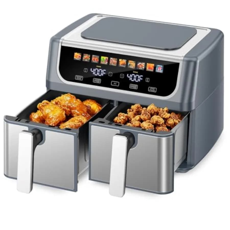 Friggitrice ad Aria 10-in-1 per Uso Domestico, in Lega di Alluminio Grigia, 9.5 QT Grande Capacità con Doppi Cestelli Indipendenti, Finitura Sincronizzata
