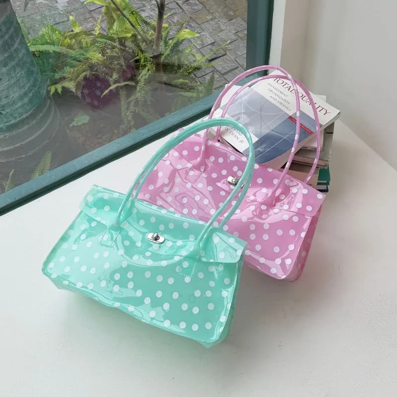 Candy Color Polka Dot Jelly Handbag Women Glossy PVC Top Handle Bag Mini Tote Purse Summer Fashion Shoulder Bag Shopping Bag