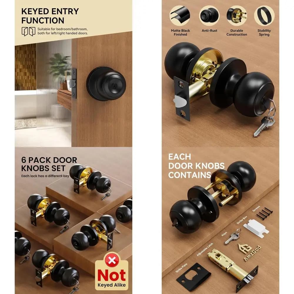Set di 6 Maniglie per Porte Nere Opache con Serratura, Chiave per Diverse Porte, Adatte per Uso Interno ed Esterno, Ideali per Camera da Letto