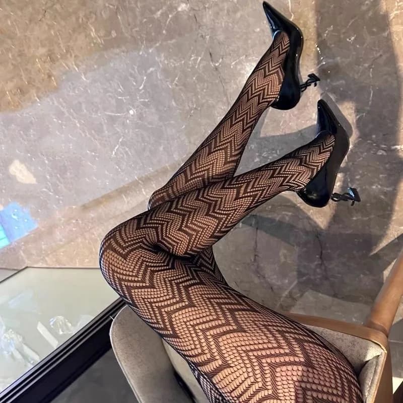 Nuove donne di design sexy collant a rete onda femminile scava fuori collant a rete nero vino-rosso vedere attraverso calze autoreggenti a vita alta