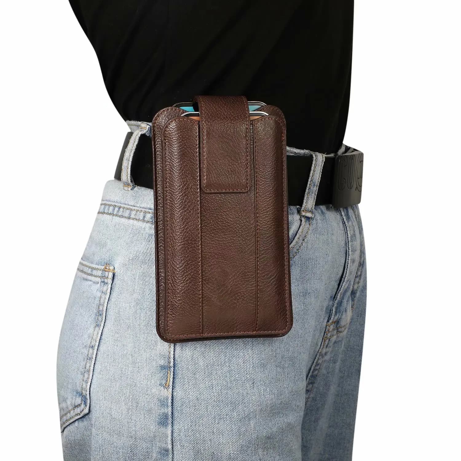 Leather 7.2 Dual Pouch Phone Belt Clip Case Holder For iPhone 16 15 14 Pro Max Samsung S25 S24 S23 Redmi Note 13 Men Waist Bag