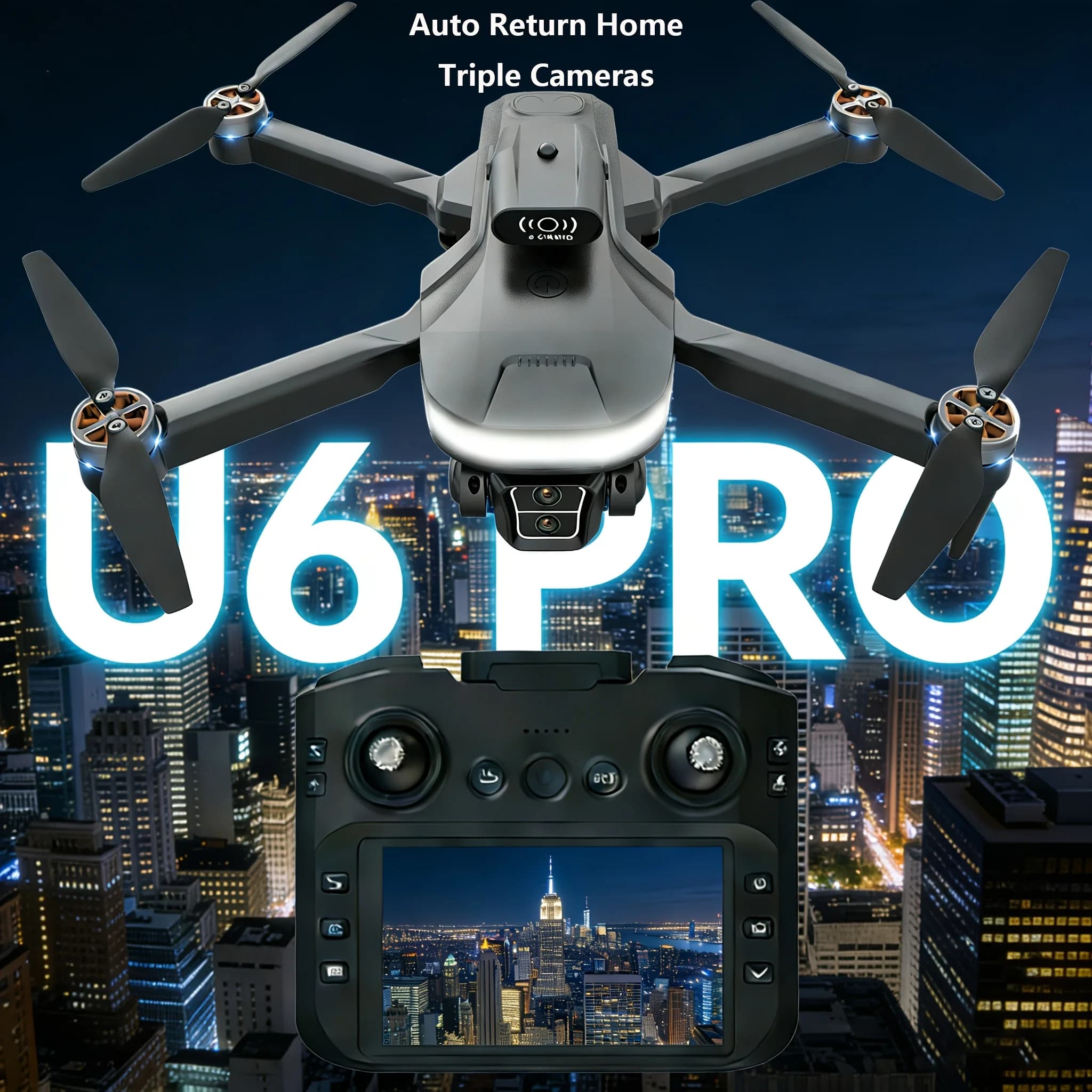 Drone U6 con Motore Brushless, Lunga Durata della Batteria, Evitamento Intelligente degli Ostacoli e Telecomando con Schermo Caratteristiche: Trasmissione in tempo reale, doppia fotocamera, controllo gestuale e ritorno con un solo tasto. Perfetto per video aerei all'aperto, per principianti e come regali a sorpresa per le vacanze.
