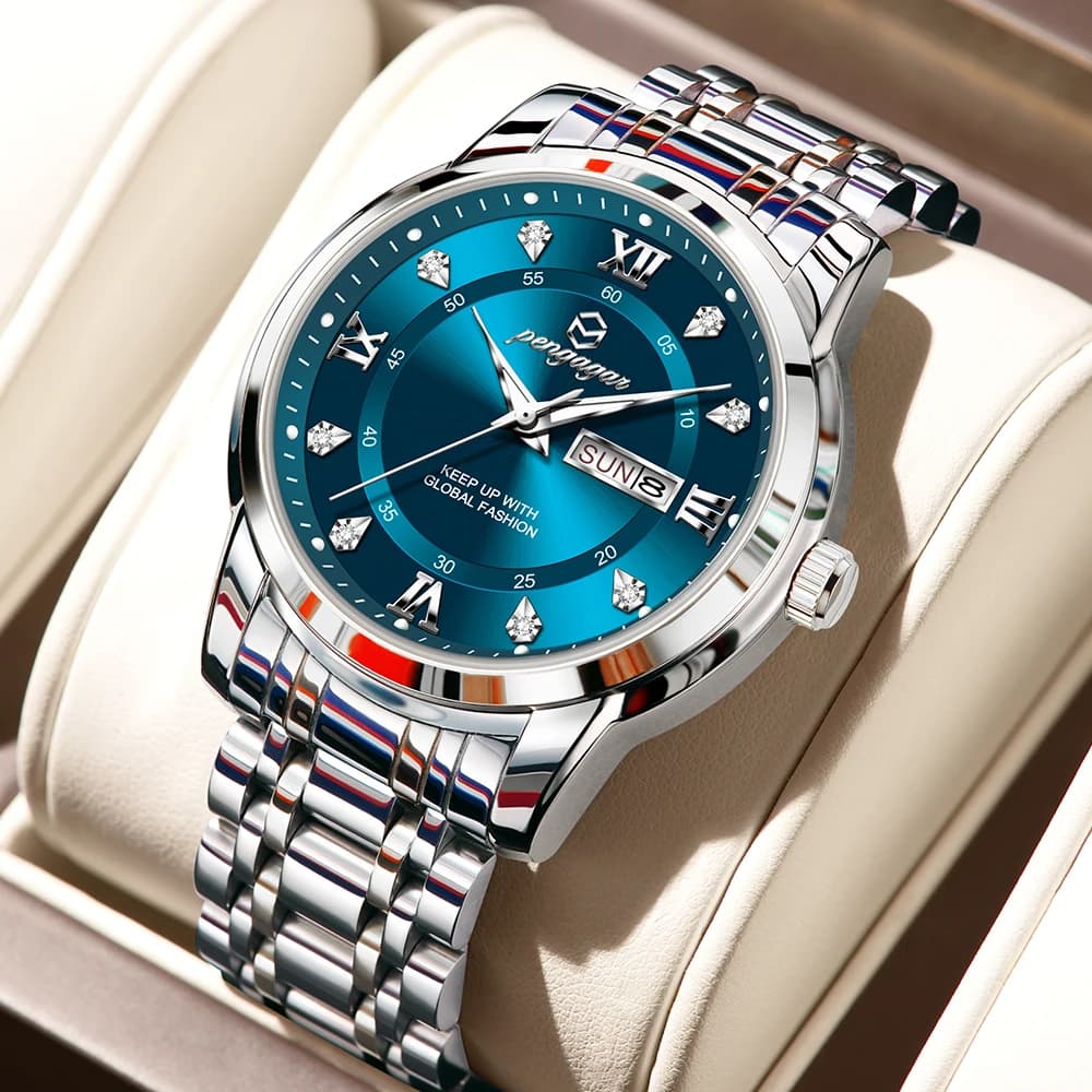 PENGAGAR Luxury men's watch Stylish date week Luminous men's watch waterproof men's watch stainless steel reloj