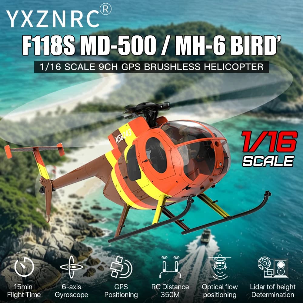YUXIANG F118S RC Helicopter MH‑6 MD‑500 Little Bird 1/16 9CH GPS Brushless Optical‑Flow Figures Reserved 5.8G FPV Space