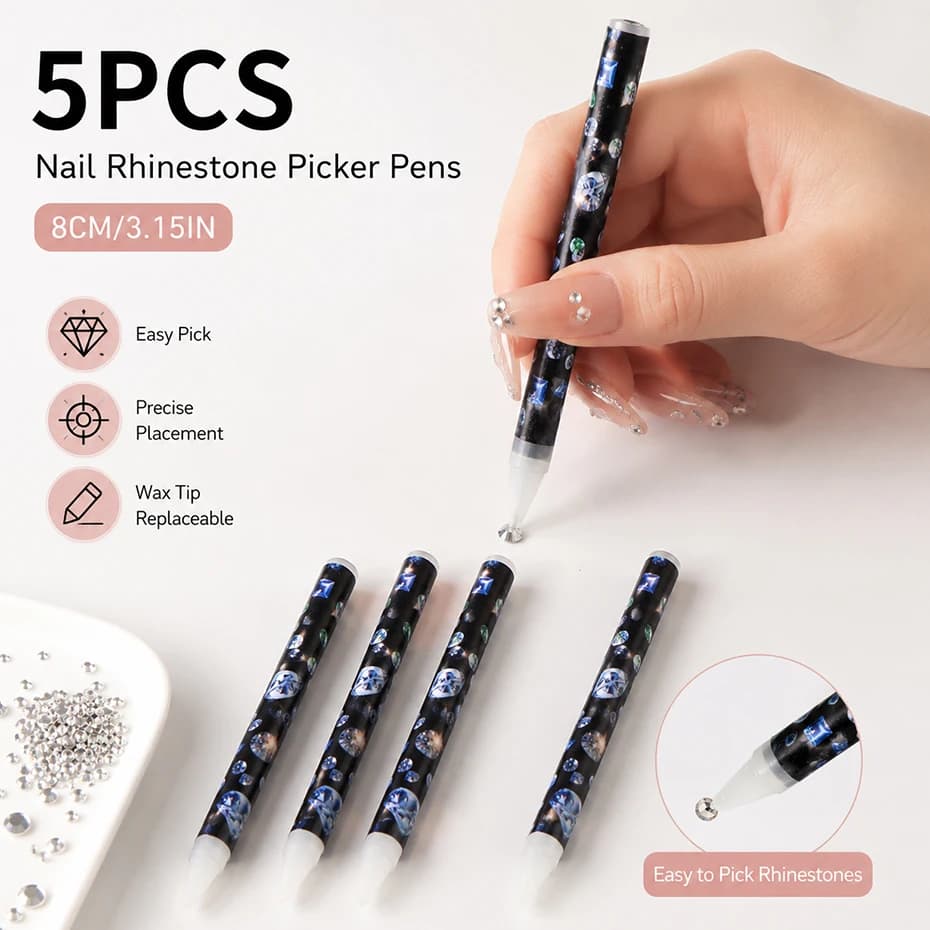 Set di 5 penne per nail art con strass, applicatore in resina adesiva, matita per raccogliere strass, matita in cera autoadesiva per nail art fai da te
