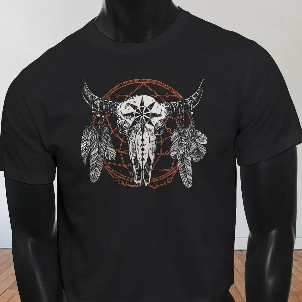 New Spring High-Elastic Cotton Bull Dream Catcher Skull Country Cowgirl Rodeo Mens Black T-Shirt Summer T-Shirt