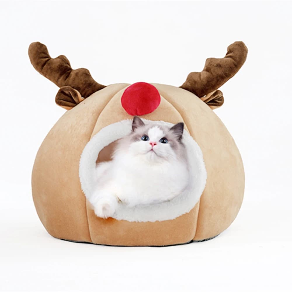 Letto per animali domestici in peluche con design a renna natalizia: tessuto morbido e caldo per un sonno confortevole di gatti e cani