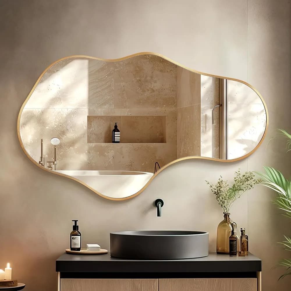 Specchio da parete astratto asimmetrico 22x36 pollici con cornice dorata per bagno, camera da letto, soggiorno