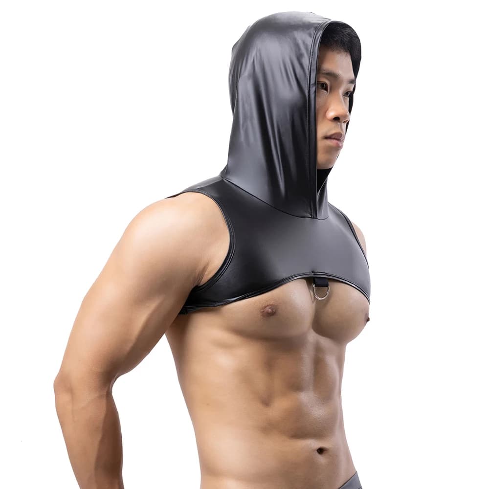 Canotte fitness da uomo con cappuccio in ecopelle Canotte imbracatura pettorale Felpe con cappuccio Crop Top Muscoli neri Gilet Anello in metallo Decor senza maniche