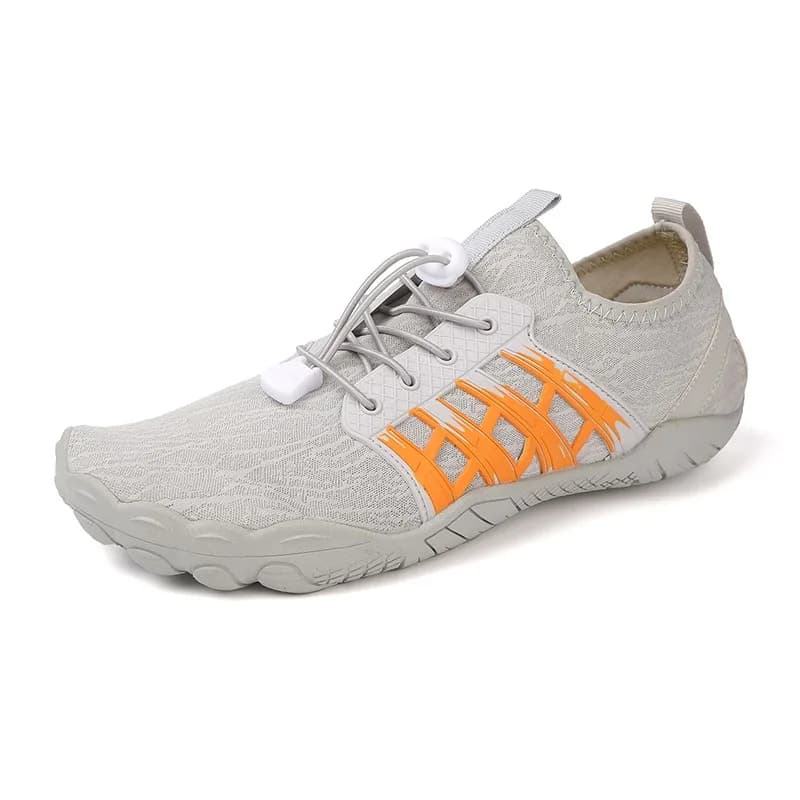 Breathable Textured Mesh Quick Lace Aqua Shoes, Light Gray With Orange Brush Stroke Print Anti Slip Flexible Traction Sole