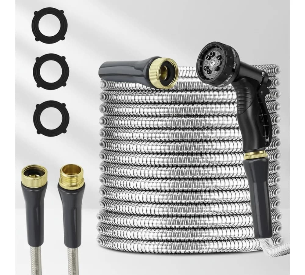 75 Foot Durable Stainless Steel Garden Pipe With 10 Functions Nozzle For Outdoor Courtyard Irrigation