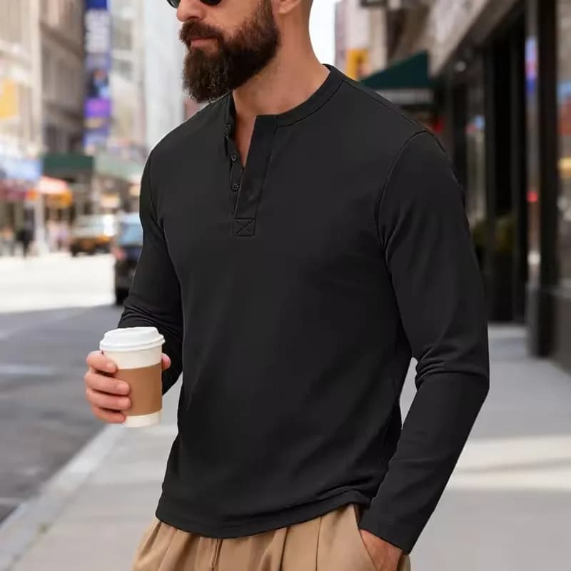 Men's Long Sleeve Henley Shirt 2026 Spring Autumn Casual Solid Color Pullover Top Fashion T-Shirt for Daily Wear