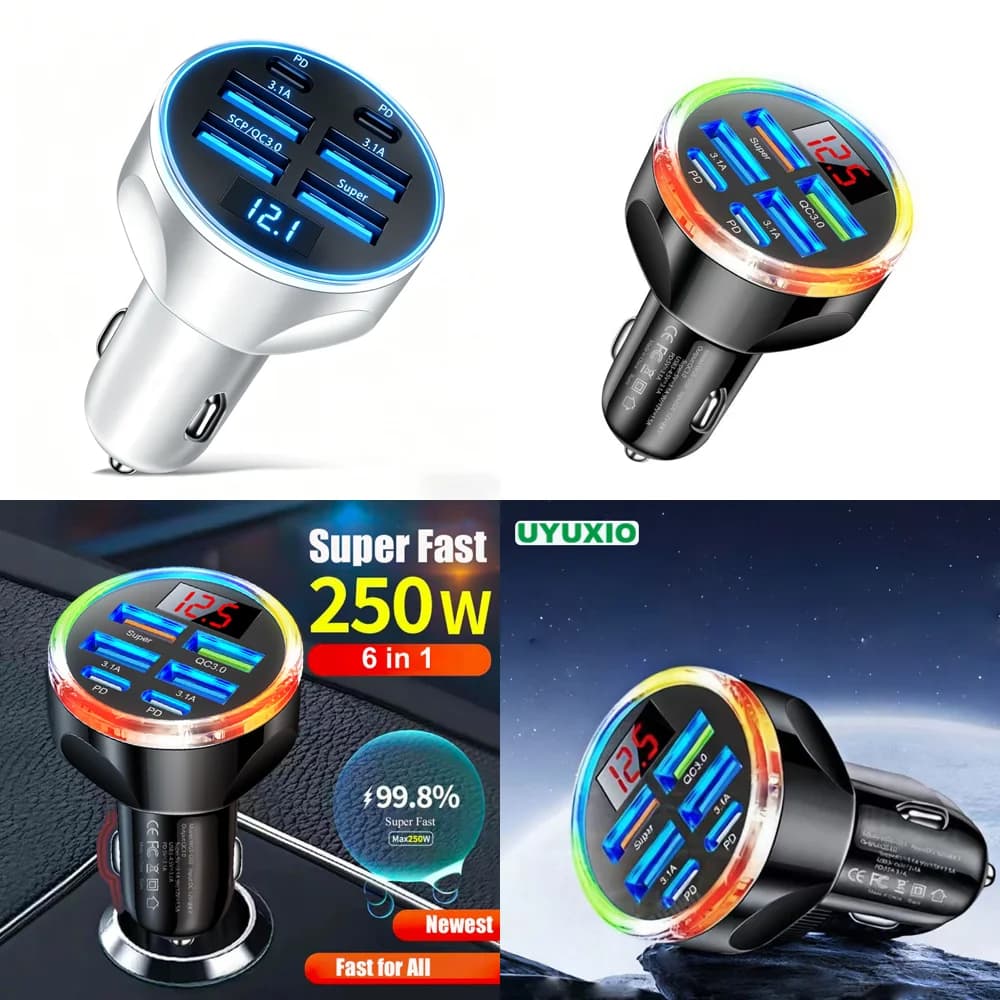 Nuovo Caricabatterie USB per Auto 6 in 1 con Voltmetro, 2 PD e 4 USB-A, Adattatore Multiporta per Ricarica Super Veloce con Display di Tensione