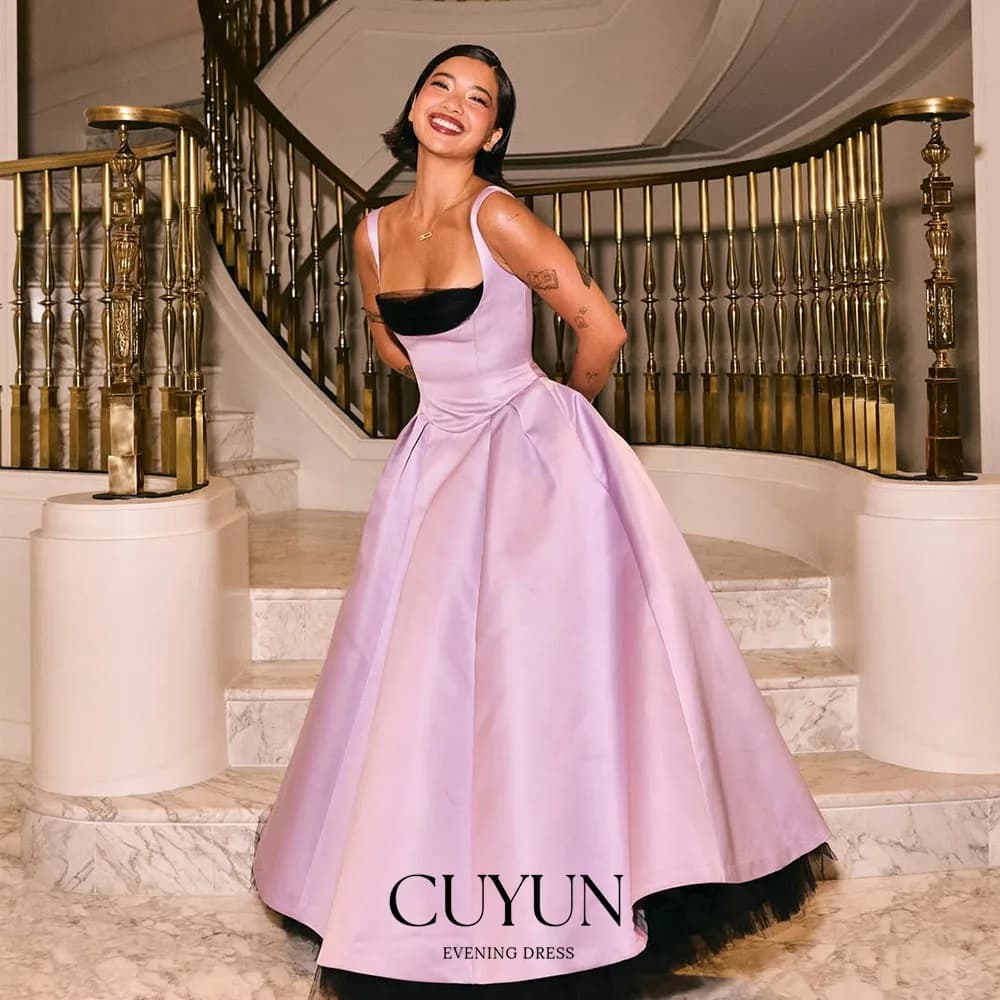 CUYUN Abiti da ballo da donna senza maniche con colletto quadrato personalizzati Abito da festa di compleanno in raso con linea A Abito da sera per occasioni speciali