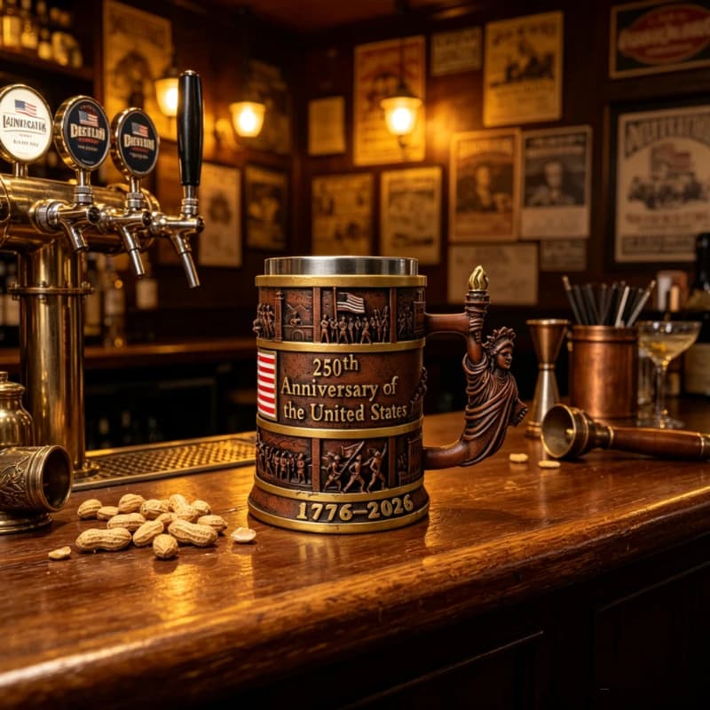 Boccale da Birra Patriottico USA 250° Anniversario con Motivo Storico Americano in Rilievo 3D, Tazza da Bar per Feste