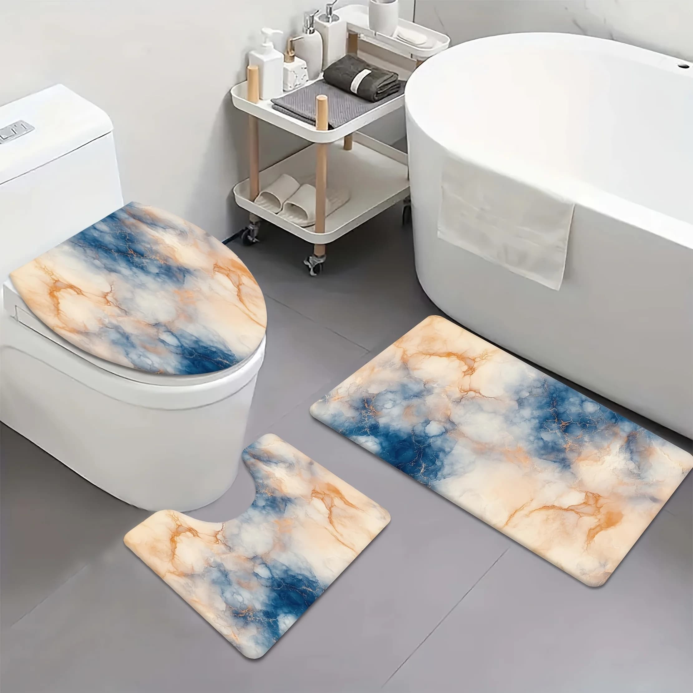 Set tappetino per WC con tappetini da bagno in flanella, cuscinetti per bordi per vasca da bagno, tappetini da bagno assorbenti stampati, tappetini da doccia antiscivolo