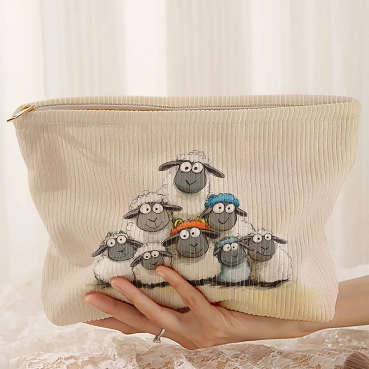 Borsa per il trucco in velluto a coste con motivo pecora, scatola portaoggetti leggera con cerniera, borsa multifunzionale con fodera, utilizzata per riporre cosmetici