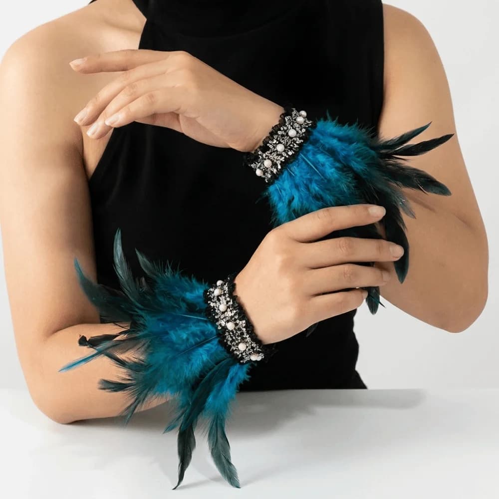 Elegant Lace Feather Wrist Cuffs Pearl Lightweight Plume Bracelet Gloves Fluffy Wristband Stage Performance