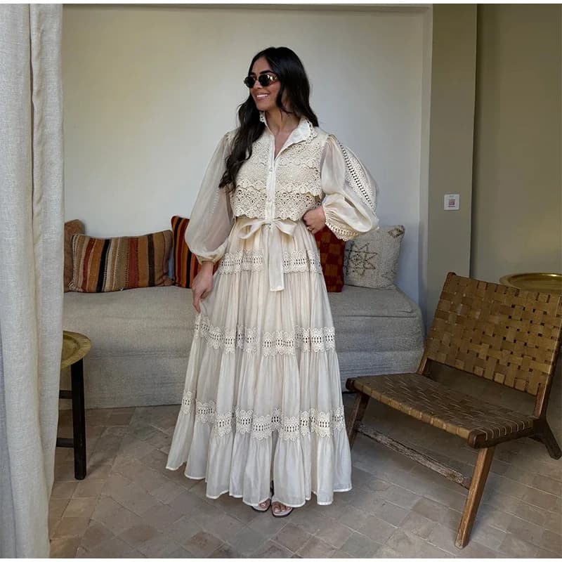 Cinture patchwork lavorate a maglia scavate Abito lungo da sera da donna a vita alta Abiti eleganti a pieghe con risvolto Abito con volant da vacanza