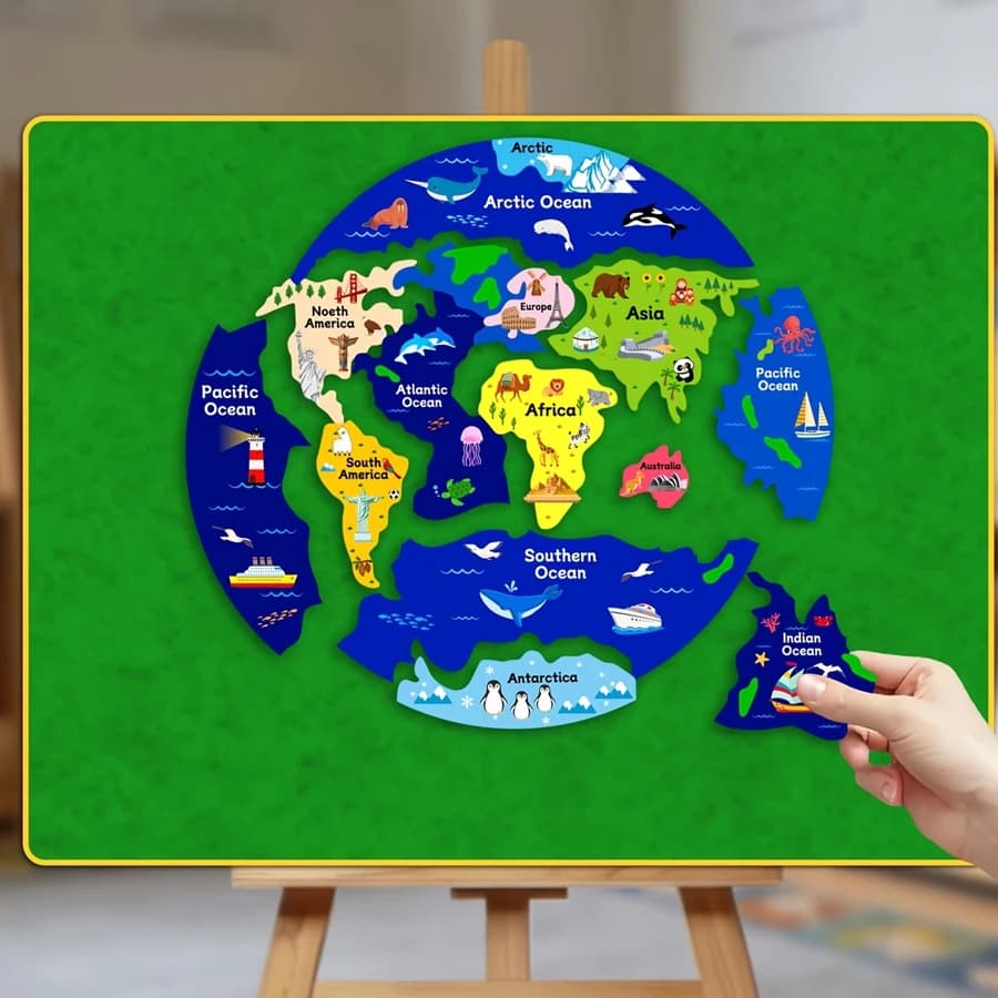 Kids World Map Felt Puzzle, Interactive 7 Continents & Oceans Educational Toy , Montessori Geography Teaching Aid for Classroom