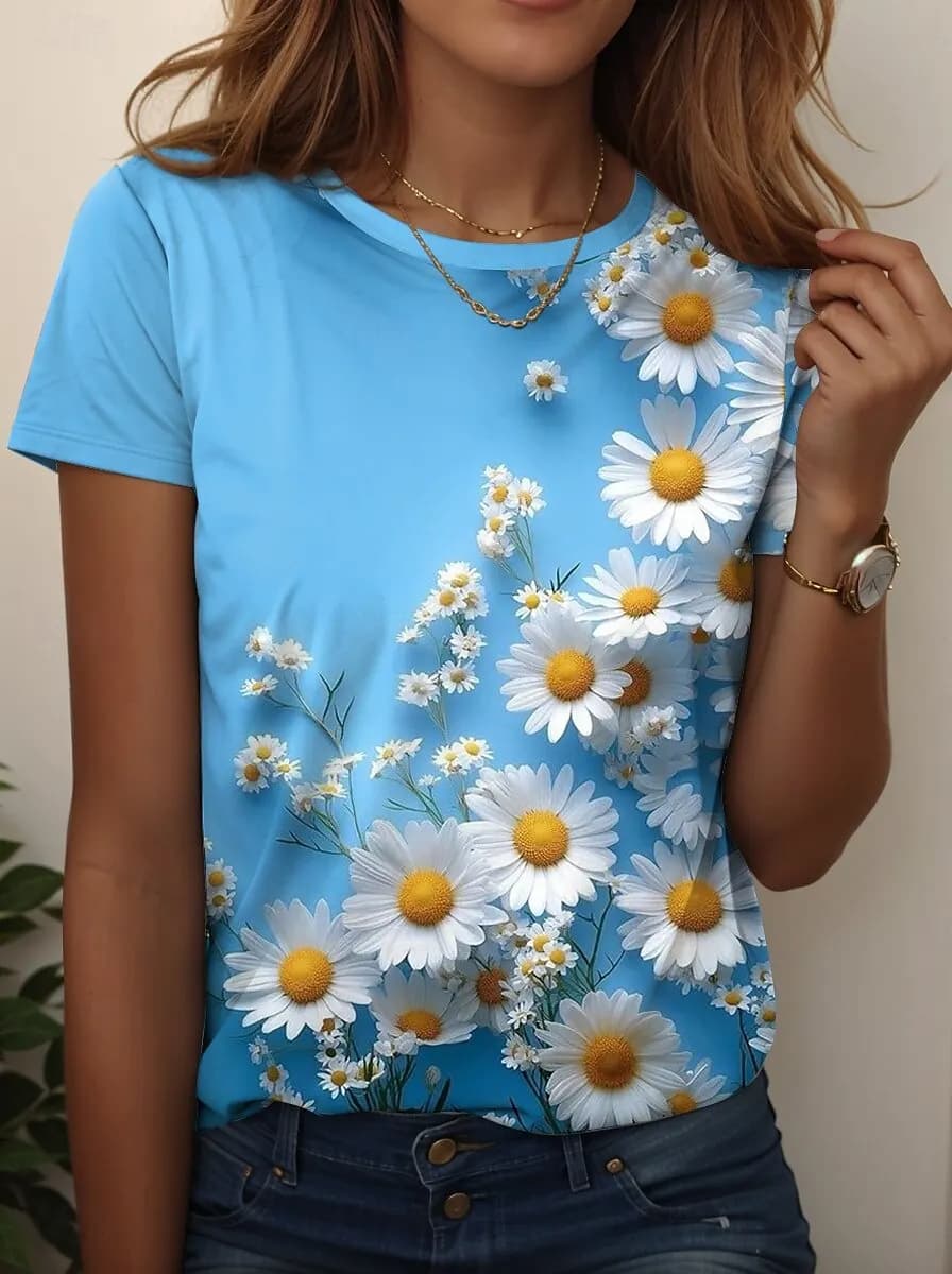 2025 T-shirt da donna con grafica floreale Moda elegante classica a maniche corte girocollo Top regolari Stampe quotidiane del fine settimana Estate