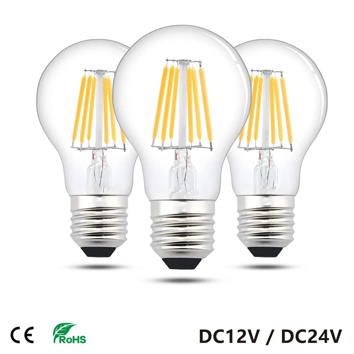 Lampada a led A19 A60 Lampadina a filamento Bassa tensione DC 12V 24V 6 Watt Lampadina a globo Led Luce diurna Bianco 4500K Bianco caldo 2700K E27 E26