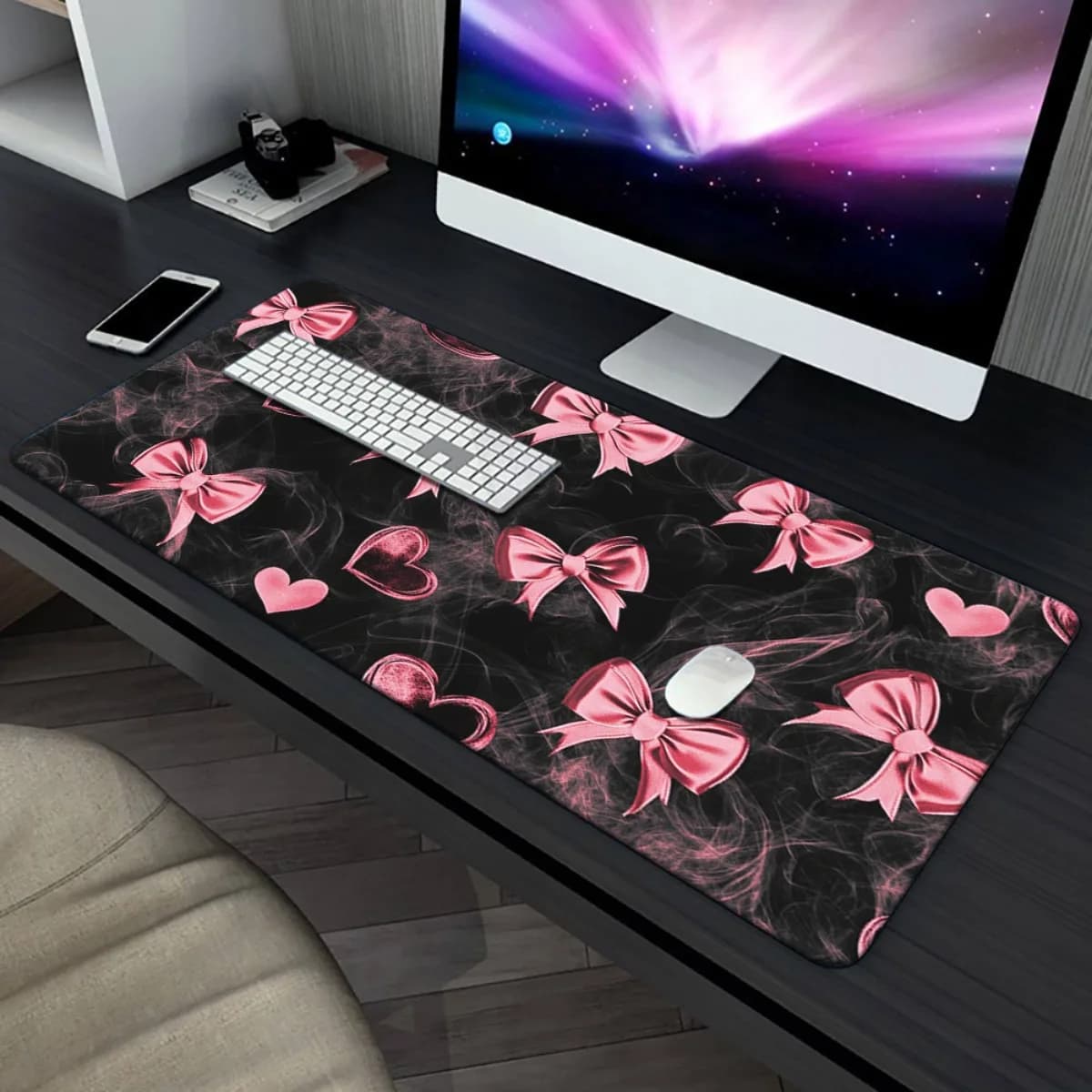 Tappetino da Scrivania XXL con Fiocchi Rosa e Cuori, Tappetino per Mouse da Gaming Esteso, Base in Gomma Antiscivolo, Tappetino da Ufficio