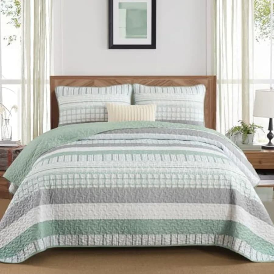 Set Copriletto a Righe Stile Boho, 3 Pezzi, Patchwork, Leggero e Morbido in Microfibra per Tutte le Stagioni