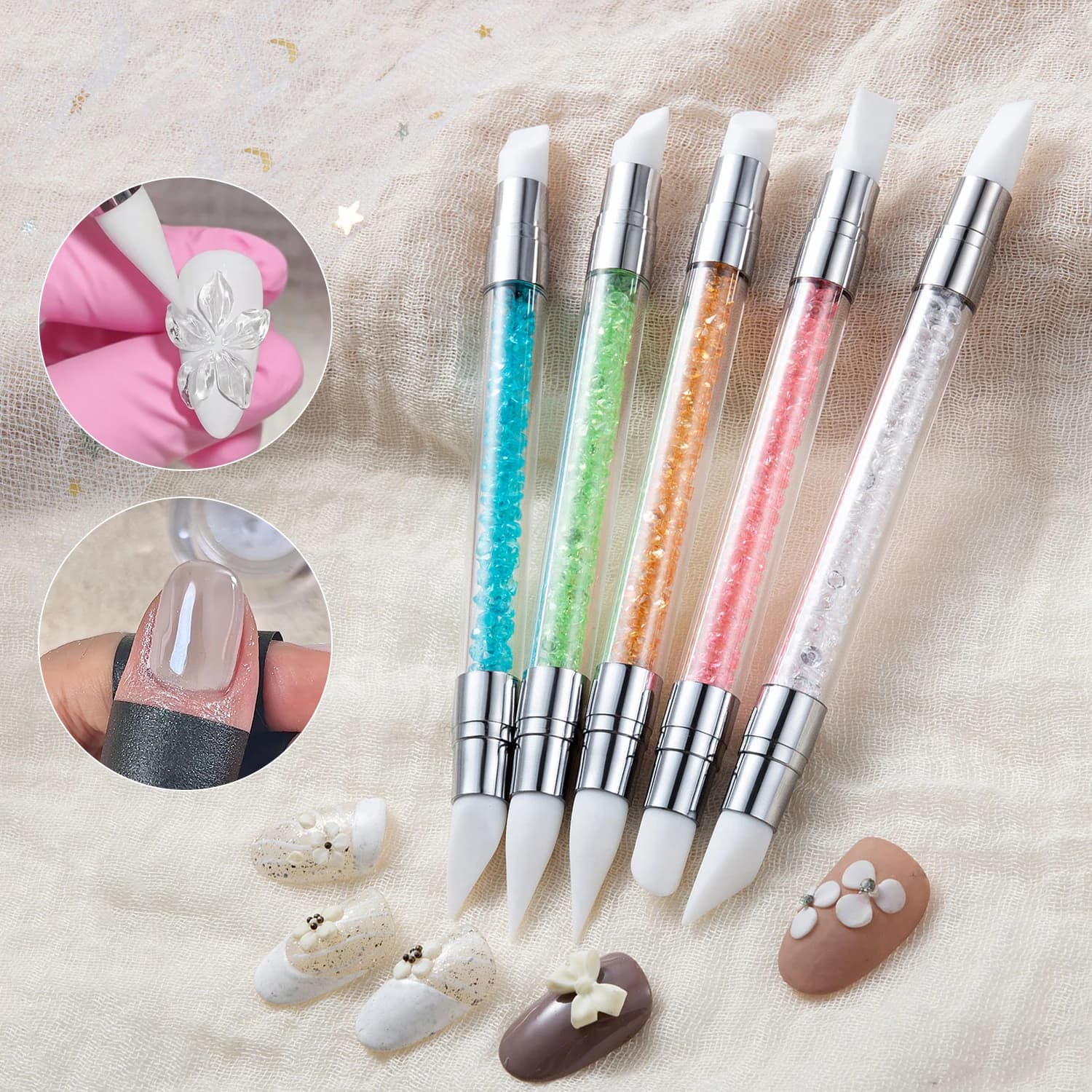 Penne per goffratura per nail art in silicone a doppia testa da 5 pezzi Strumenti per scolpire fiori 3D con punte regolabili per applicazioni in polvere cromata