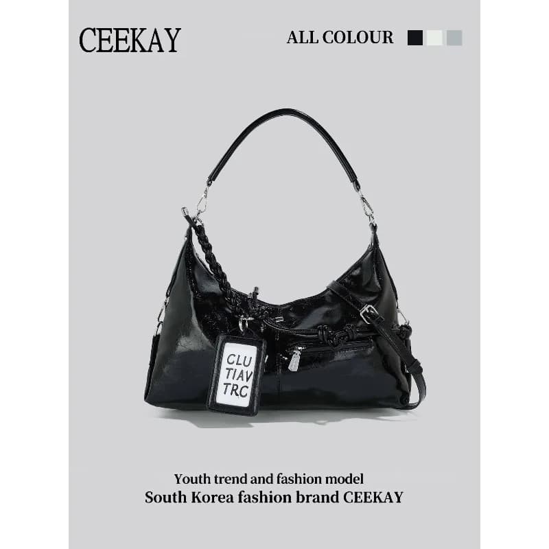 Borsa Hobo in Pelle Lucida CEEKAY 2026 Stile Y2K Streetwear con Targhetta a Lettere, Borsa a Spalla Trendy da Donna