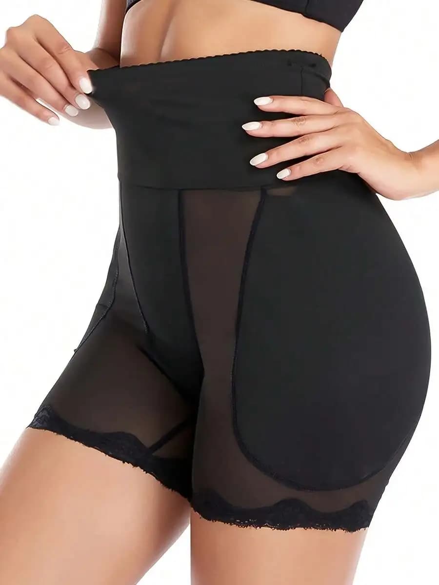 Pantaloncini modellanti neri a vita alta da donna, controllo pancia, sollevamento fianchi, snellenti, con finiture in pizzo a rete