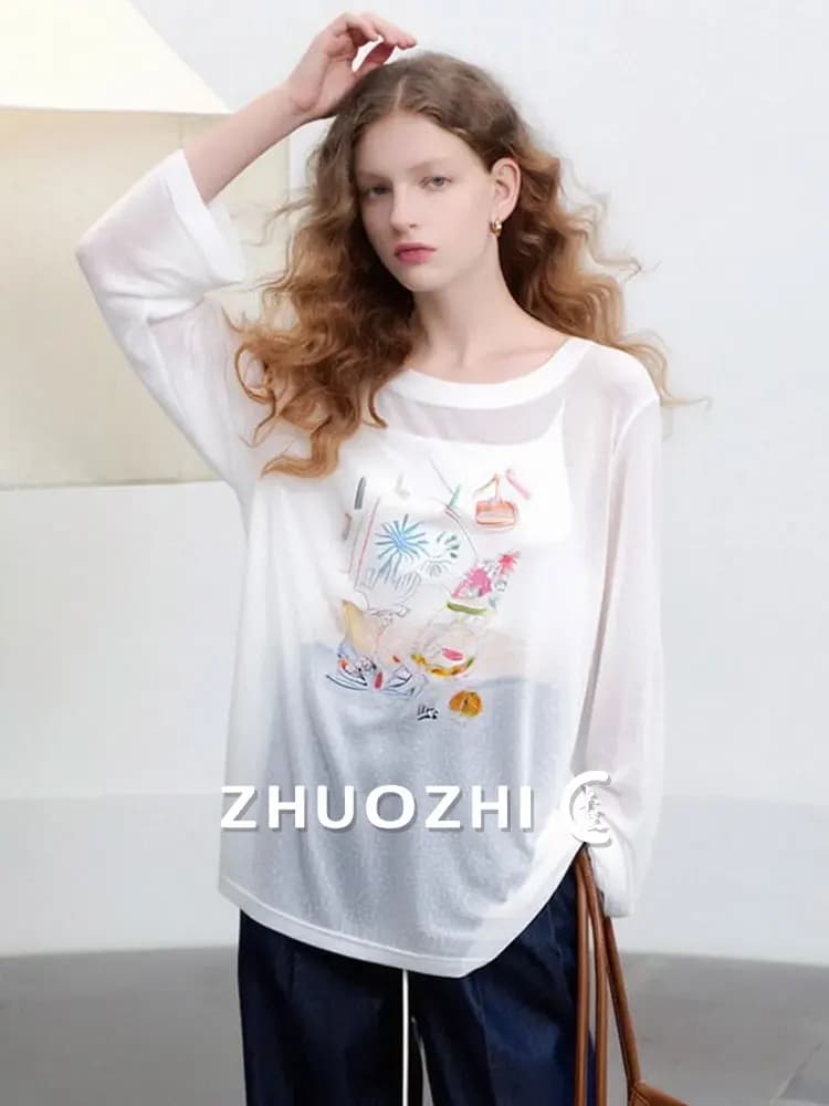 Maglietta Casual in Seta ZhuoZhi Primavera 2026 per Bambini con Stampa Graffiti Divertente, Semi-Trasparente, a Maniche Lunghe e Collo Tondo