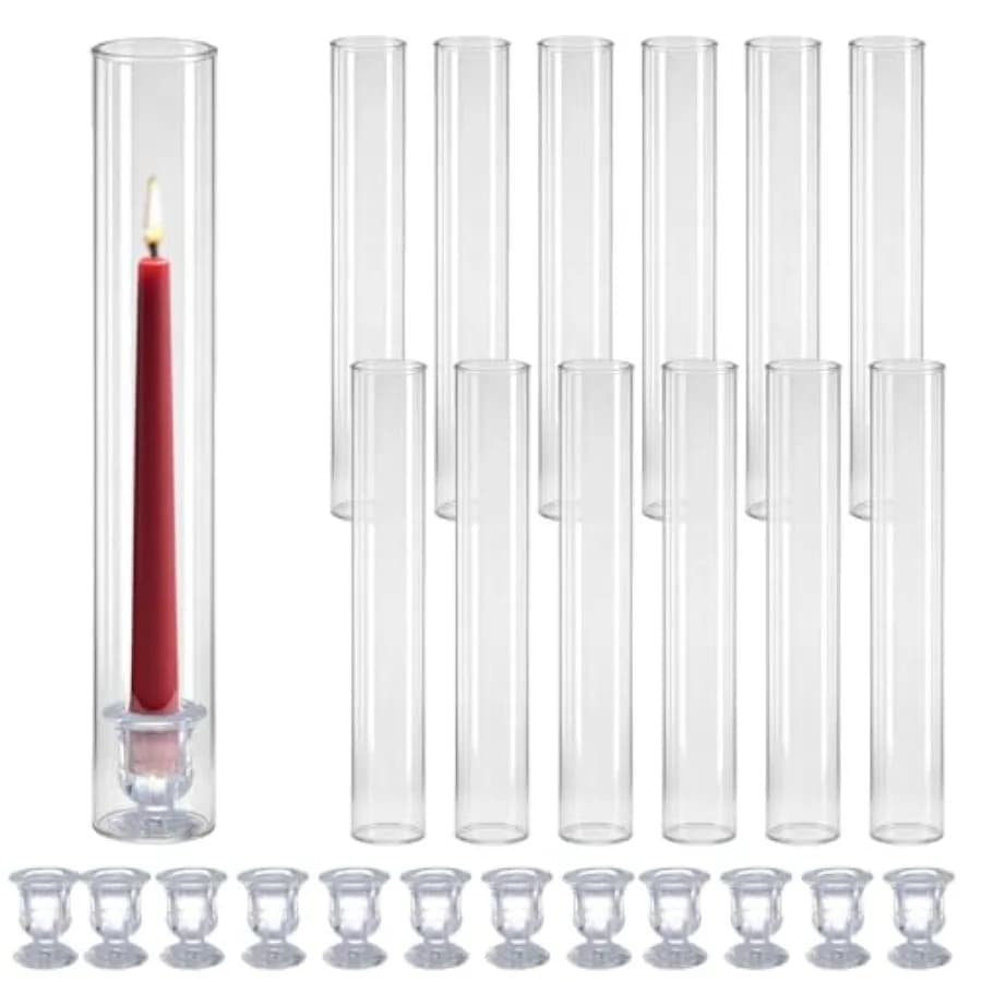 Portacandele in Vetro Stile Hurricane, 12 Coperture Cilindriche Trasparenti e 12 Portacandele a Cono, 2,6" D x 13,8" H, Antivento