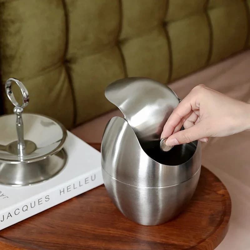 Stainless Steel Trash Can With Lid Luxury Modern Small Waste Bin For Living Room Bedroom Office Bedside Desktop Dustbin Home