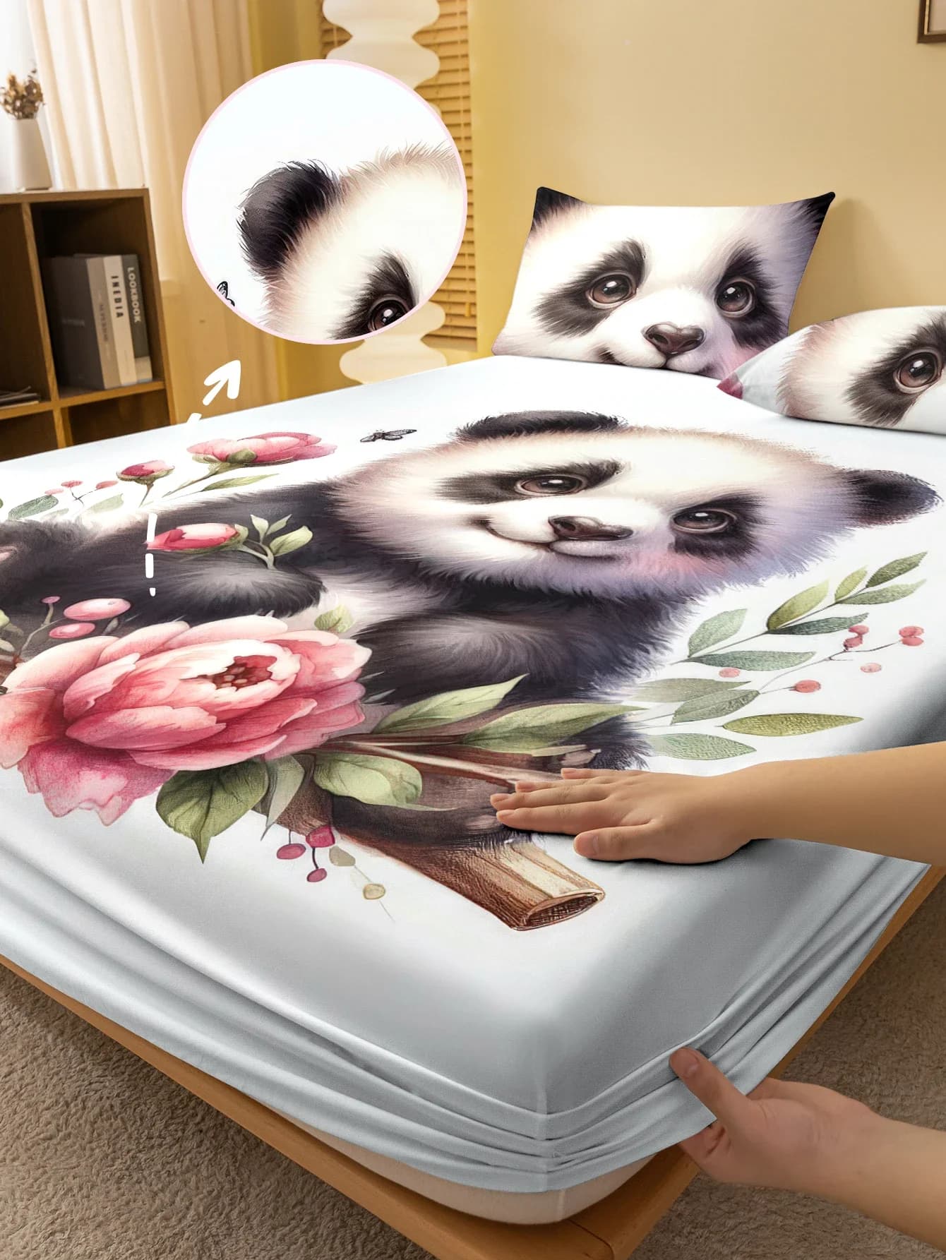 1 lenzuolo con angoli satinato stampato digitale simpatico cartone animato animale panda, copriletto stampato per camera da letto, biancheria da letto (senza federa)