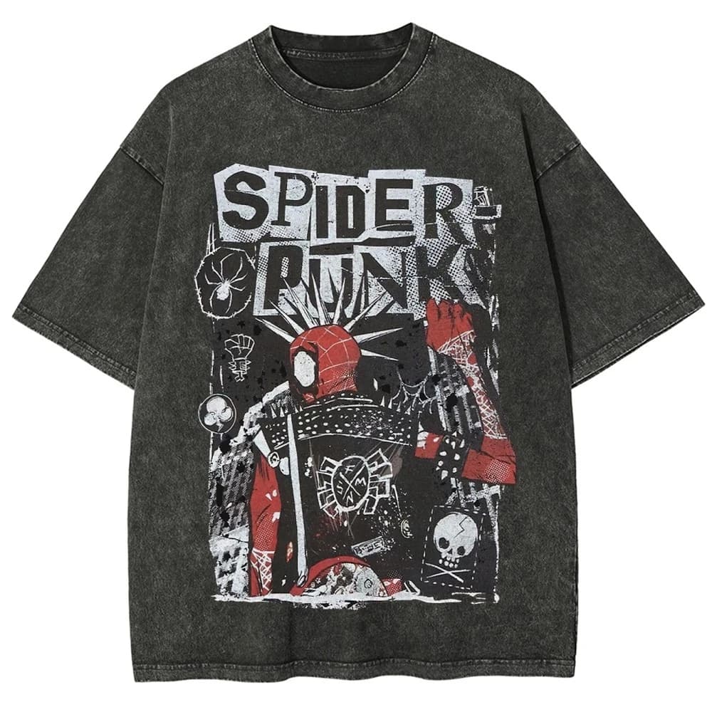 T-shirt Oversize Nera Effetto Lavato con Grafica Stile Graffiti Spider Punks per Uomo Donna, Streetwear Cinematografico Hip Hop in Cotone, Stile Harajuku