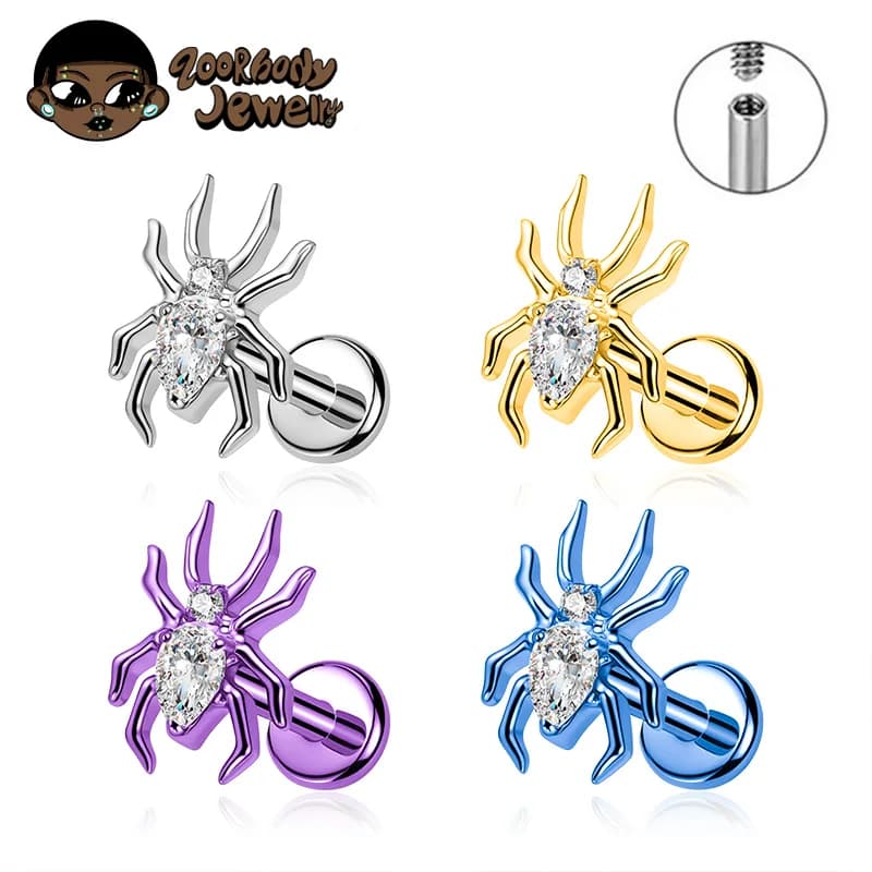 ASTM F136 Titanio 16G 18G Spider CZ Filettatura interna Labret Orecchino a perno Naso Trago Elica Piatto Stud Halloween Body Piercing