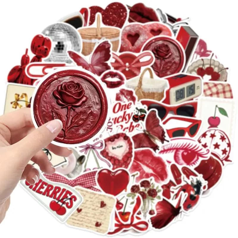 50 Adesivi Graffiti Rosa Ciliegia Rossi per Decorare Quaderni, Tazze, Valigie, Chitarre, Giocattoli Classici, Scrapbook - Decalcomanie Impermeabili in PVC