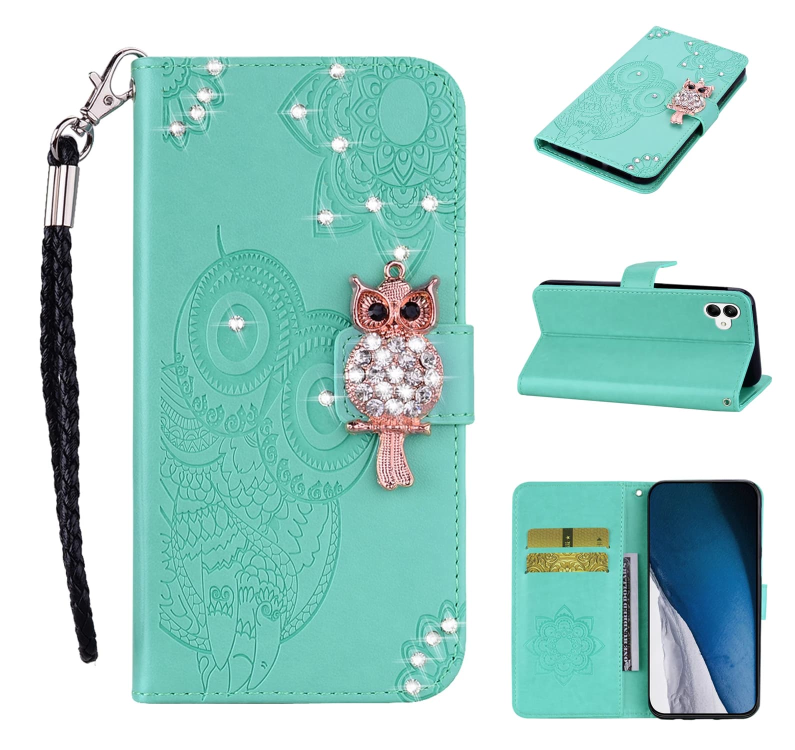 Custodia a Portafoglio in Pelle con Glitter e Rilievo a Gufo per Samsung Galaxy S26 Ultra S24 S25 Plus S23 FE A17 A06 A55 A35 - Cover Bling